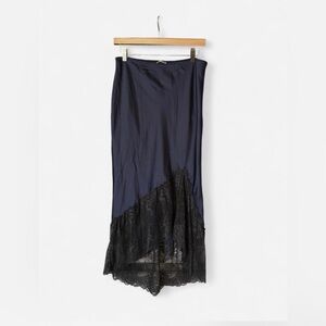 Free People Asymmetrical Navy Slip Skirt with Lace Bottom